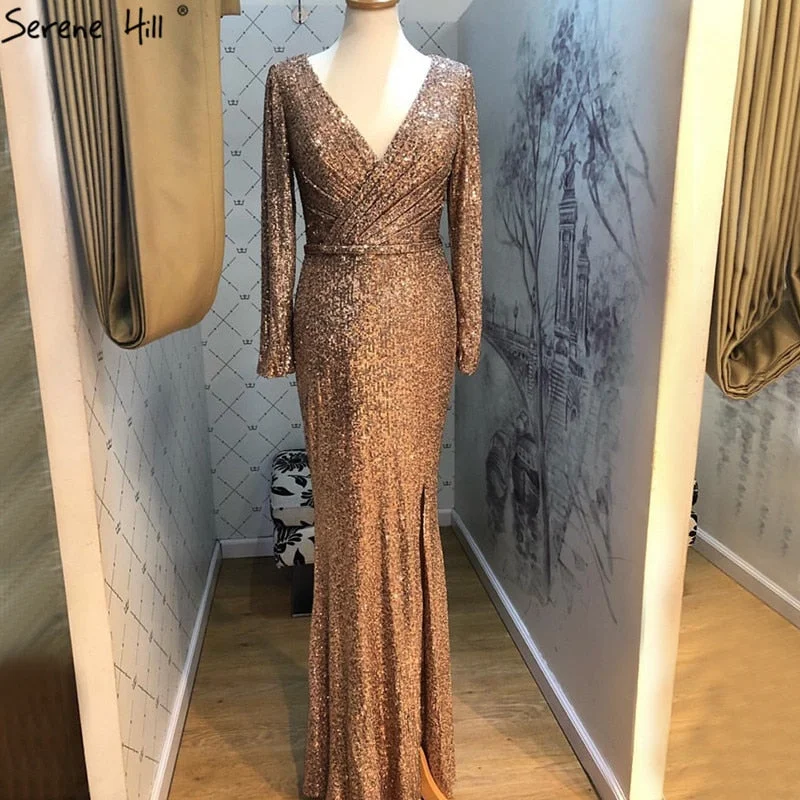 On Sale No Return No Refund Dubai Rose Gold Sequined V-Neck Evening Dresses 2024 Luxury Long Sleeves Sparkle Formal Dress Serene Hill LA60970 Backless Sequin Dress