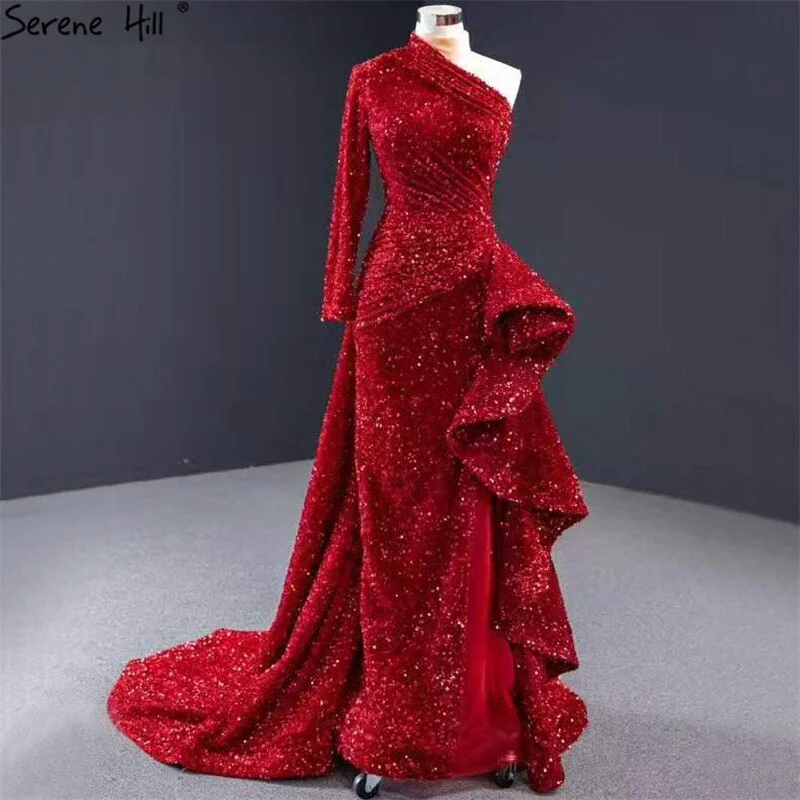 Dubai Luxury One Shoulder Red Evening Dresses 2024 Sequined Sparkle Mermaid Sexy Fromal Dress Serene Hill HM67056 Classy Sequin Dress