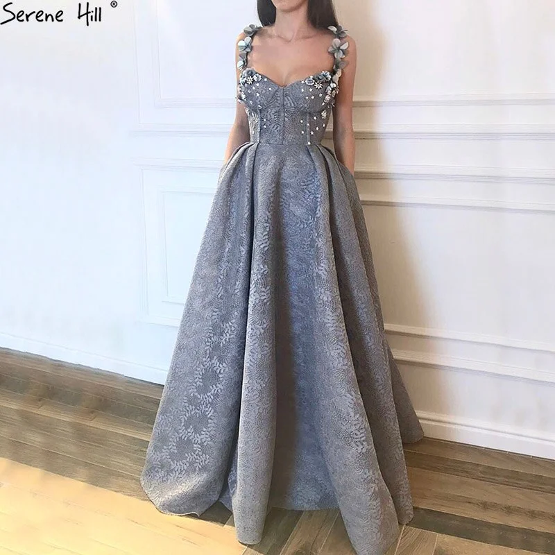 On Sale No Return No Refund Sale 2024 Grey Sequined Flowers Lace Evening Dresses New Sexy Sleeveless Fashion Beach Evening Gowns Serene Hill LA6539 Sequin Bodycon Dress