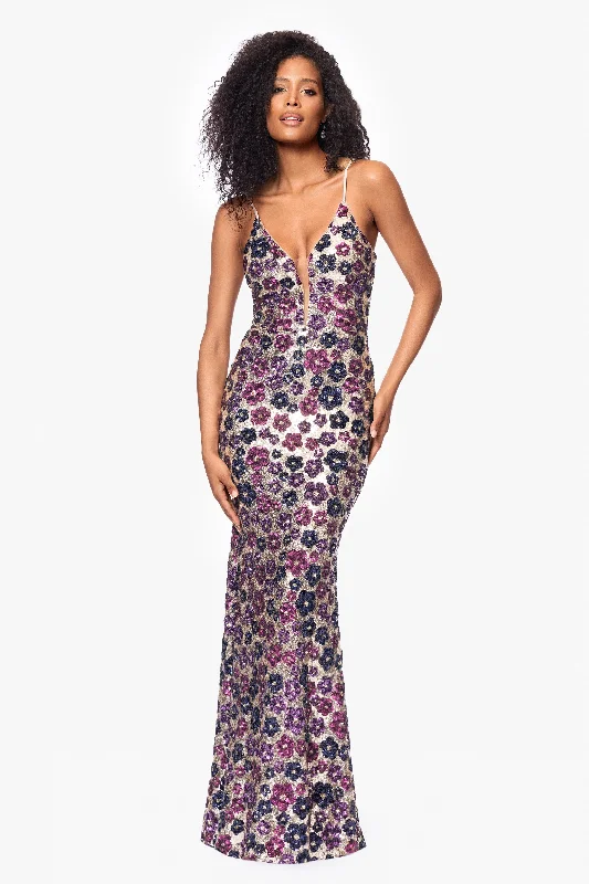 "Rava" Sequin V-Neck Illusion Mesh Insert Floor Length Dress Sequin Shift Dress