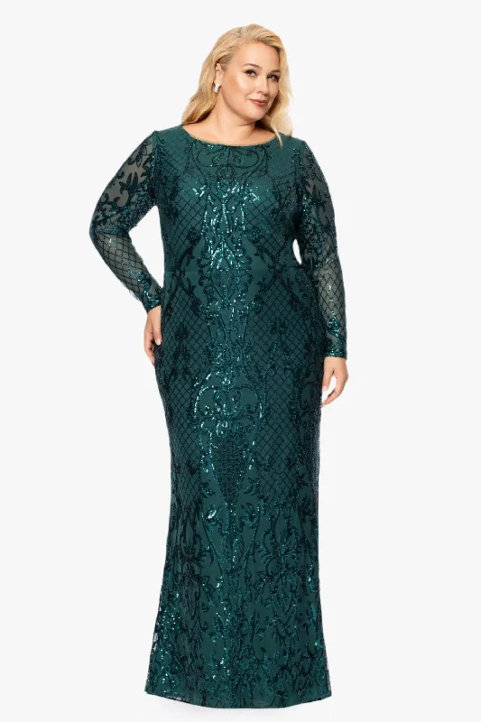 Plus "Nara" Long Sleeve Sequin Placement Gown Sequin Dress Trend