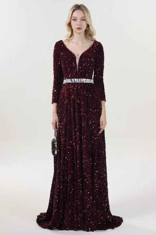 A-Line Sweep-Brush Train Velvet Sequin Formal Dress CS0636 Formal Sequin Gown