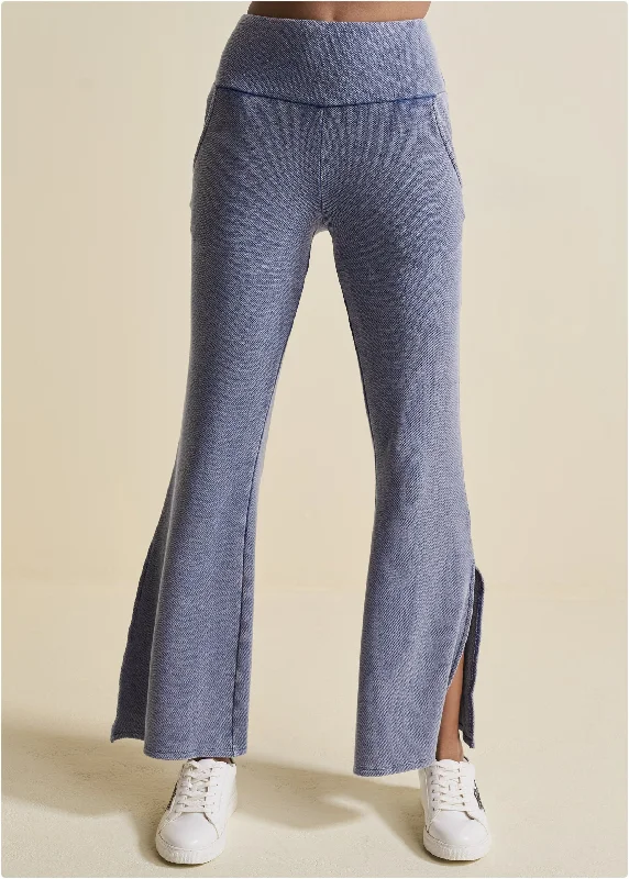 Washed Slit Flare Leg Pants - Dark Blue