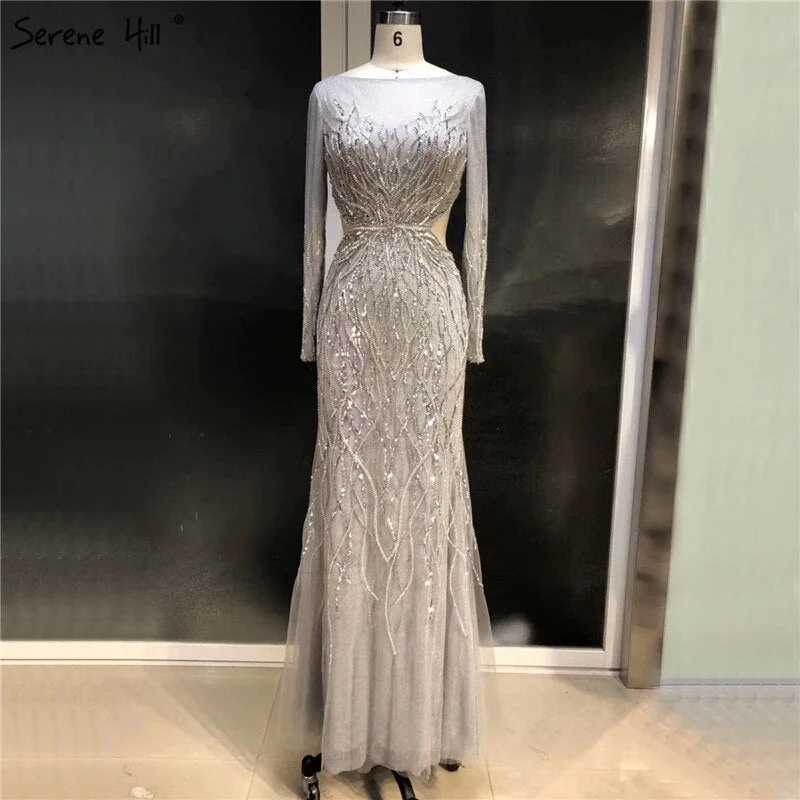 On Sale no return no refundSale Luxury Grey Long Sleeves Evening Dresses 2024 O-Neck Sequins Sparkle Mermaid Formal Dress Serene Hill  LA6418 Sequin Party Dress