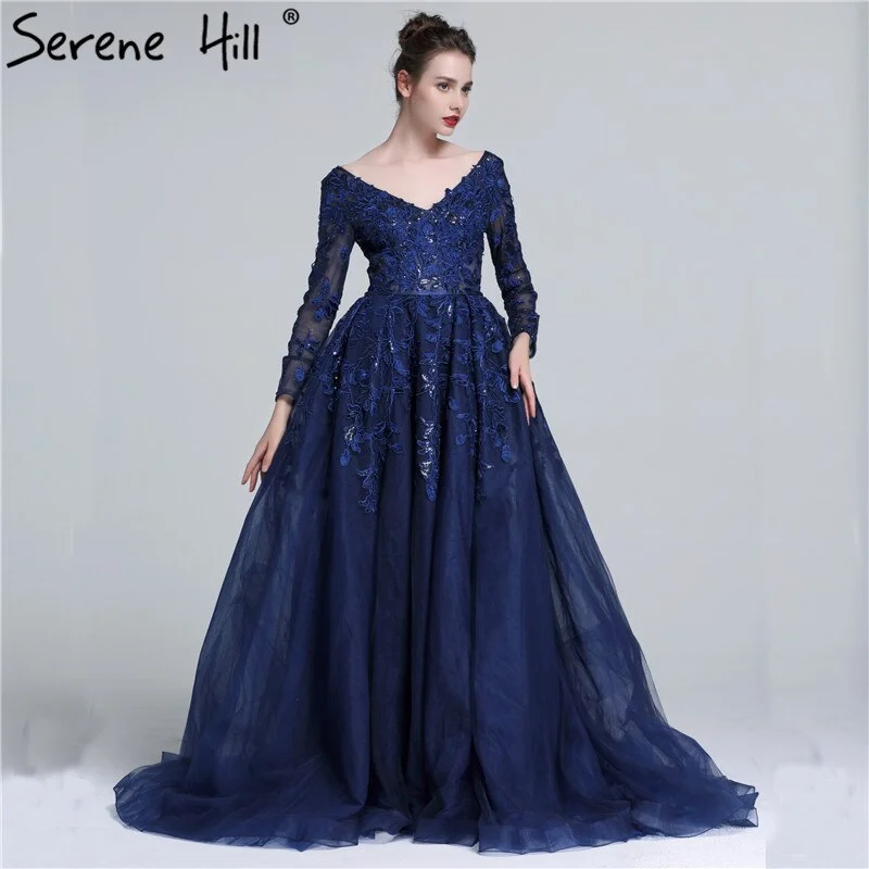 Sale Serene Hill 2024 Dark Blue Deep-V Tulle Evening Dresses Newest Long Sleeve Appliques Sequined Gowns LA6099 Sleeveless Sequin Dress