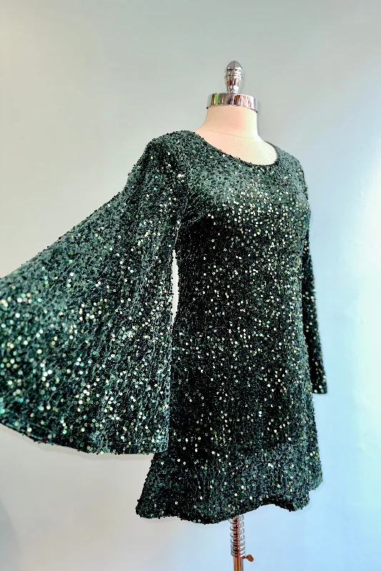 Green Sequin Bell Sleeve Mini Dress Gold Sequin Dress