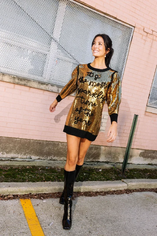 Gold & Black Sequin Sparkly Time Sweater Dress Sequin Shift Gown