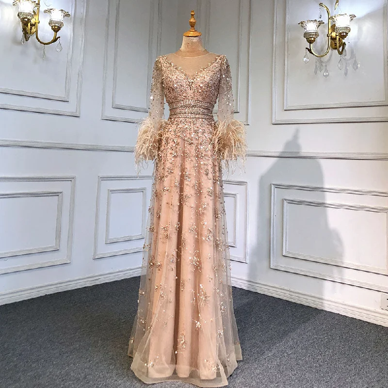 Serene Hill Gold A-Line Long Sleeves Feathers Evening Dress 2023  for Women Luxury O-Neck Crystal Sequins Handmade LA71654 Elegant Sequin Dress