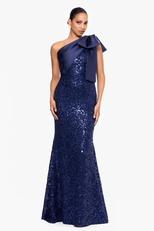 "Marcia" Long Sequin Lace Dress with Satin Bow Elegant Sequin Gown