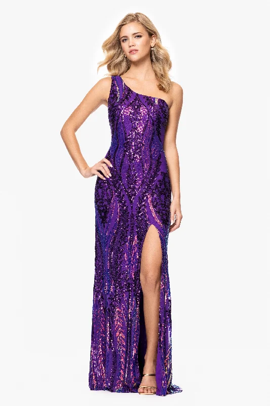 "Terri" Long Placement Sequin One Shoulder Dress Glitter Sequin Dress