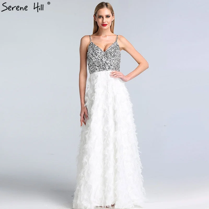 On Sale No Return No Refund Sale Dubai White V-Neck Backless Luxury Evening Dresses 2024 Sleevleess Sequined Tiered Formal Dress Serene Hill LA60955 Sequin Dress Long