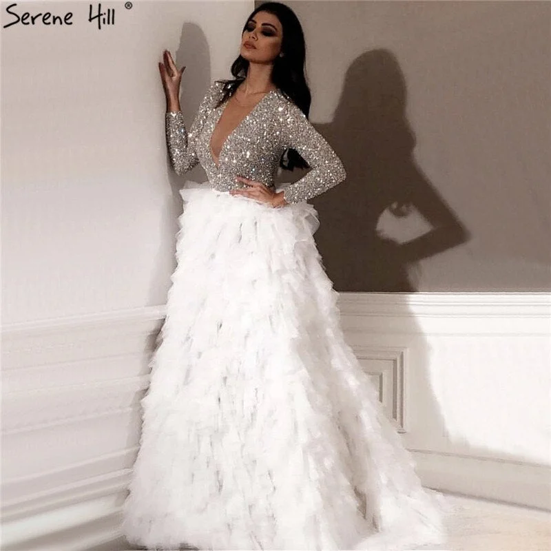 Dubai White Long Sleeves Luxury Evening Dresses 2024 V-Neck Sexy Sequined Tiered Evening Gowns Serene Hill LA6574 Chic Sequin Dress