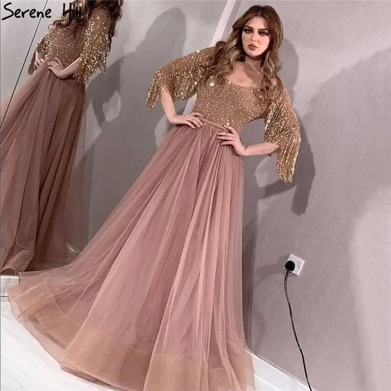 Rose Gold O-Neck Sequined Evening Dresses 2024 A-Line Latest Design Sexy Sparkle Formal Dress Serene Hill LA60976 Sparkling Sequin Dress