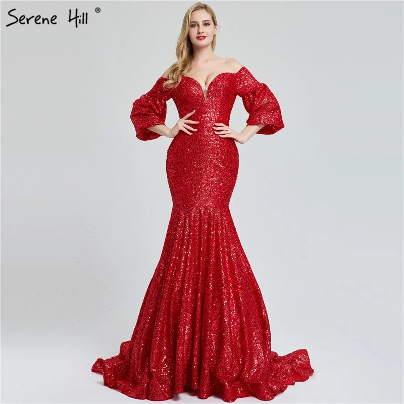 On Sale No Return No Refund Sale Dubai Red Sequined Off Shoulder Sexy Evening Dresses 2019 Latest Design Mermaid Long Sleeves Luxury Evening Gowns LA60993 All-Over Sequin Dress