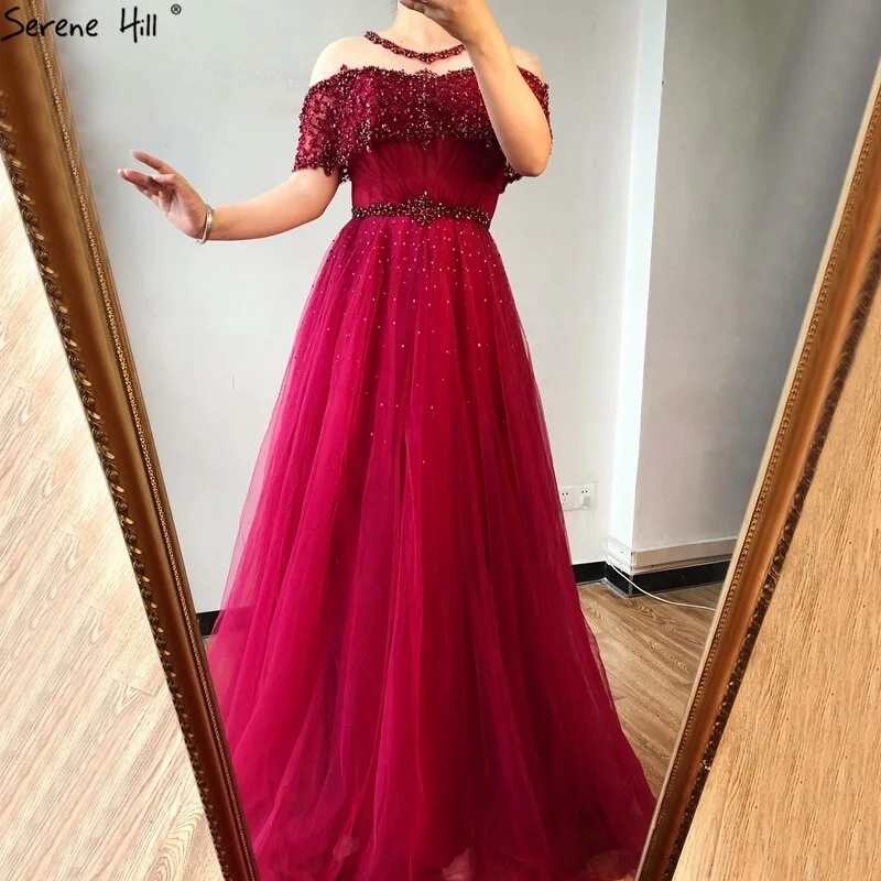 Wine Red Short Sleeves Sexy Evening Dresses 2024 Dubai Diamond Sequins O-Neck A-Line Formal Dress LA70352 Bright Sequin Dress