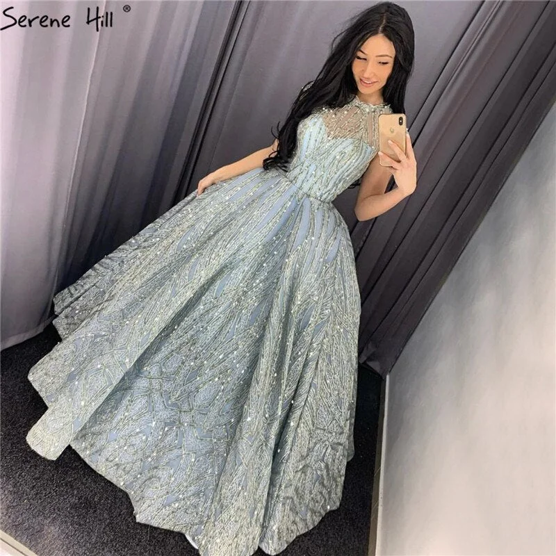 Clear Water Blue High Collar Evening Dresses 2024 Short Sleeve Lace Sequined Bridal Gowns Design Real Photo HM66981 Elegant Glitter Sequin