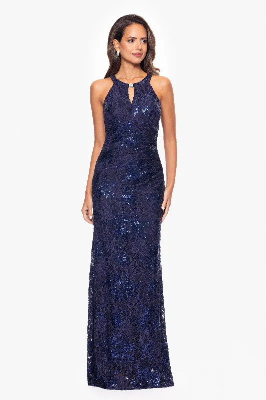 "Wilma" Sequin Lace Keyhole Neck Floor Length Dress Sequin Dress Outfit