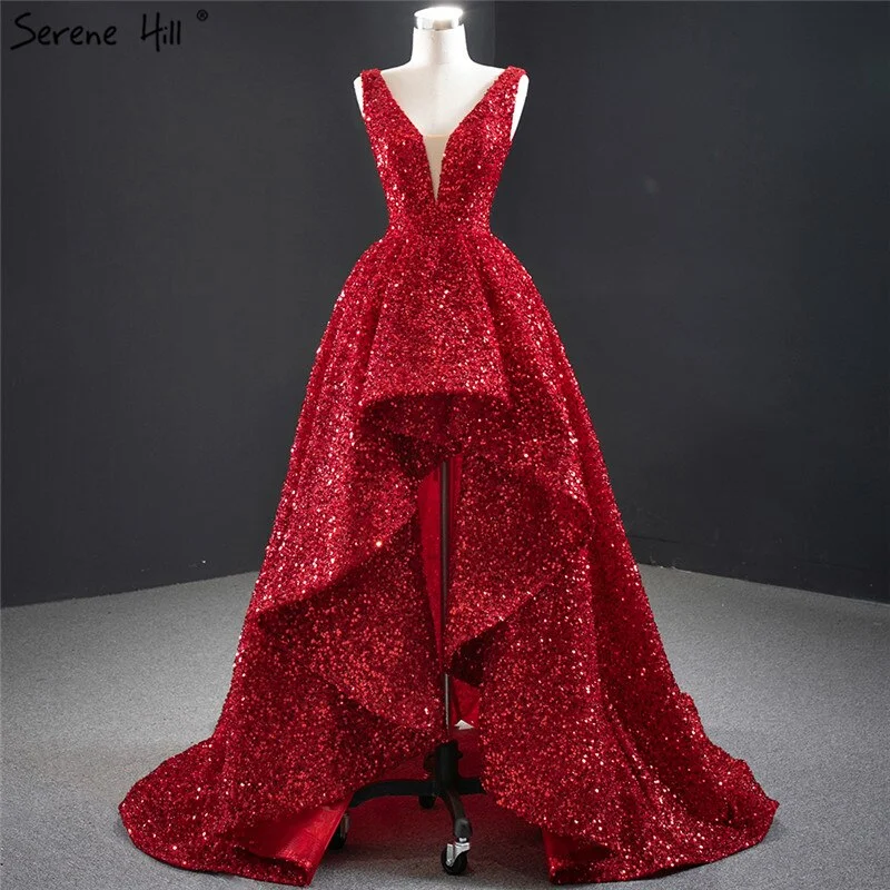 Dubai Red Deep-V Luxury Sexy Evening Dresses 2024 Sleeveless Sequins Asymmetrical  Formal Dress Serene Hill HM67126 Sequin Mini Dress