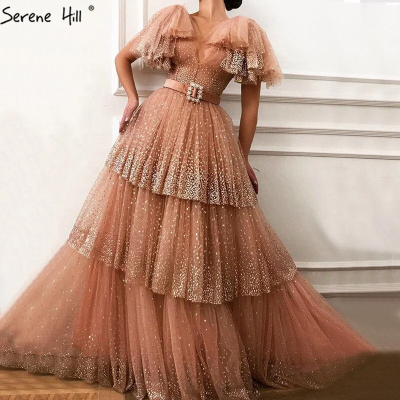 Sale Blush Pink V-Neck Sexy Sparkle Evening Dresses 2024 A-Line Tiered Sequined Tulle Evening Gowns Serene Hill LA60765 Flared Sequin Dress