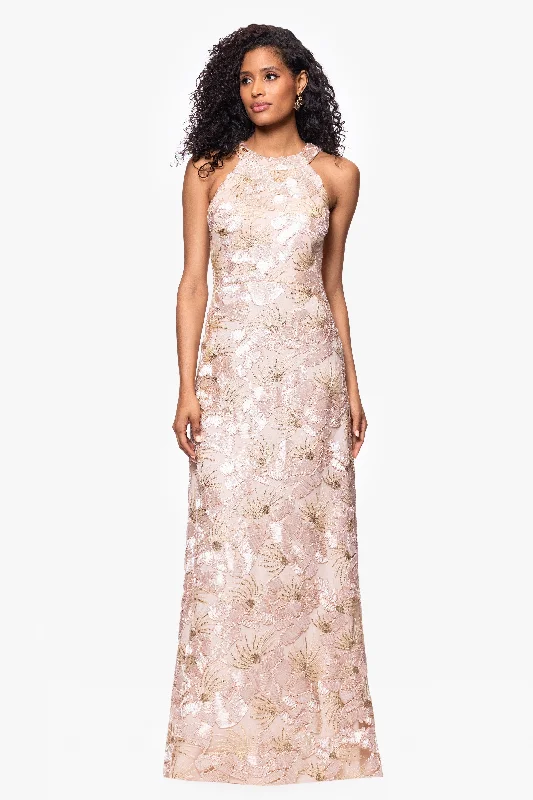 Petite "Fabiana" Halter Neck Soutache and Sequin Floor Length Dress Long Sleeve Sequin