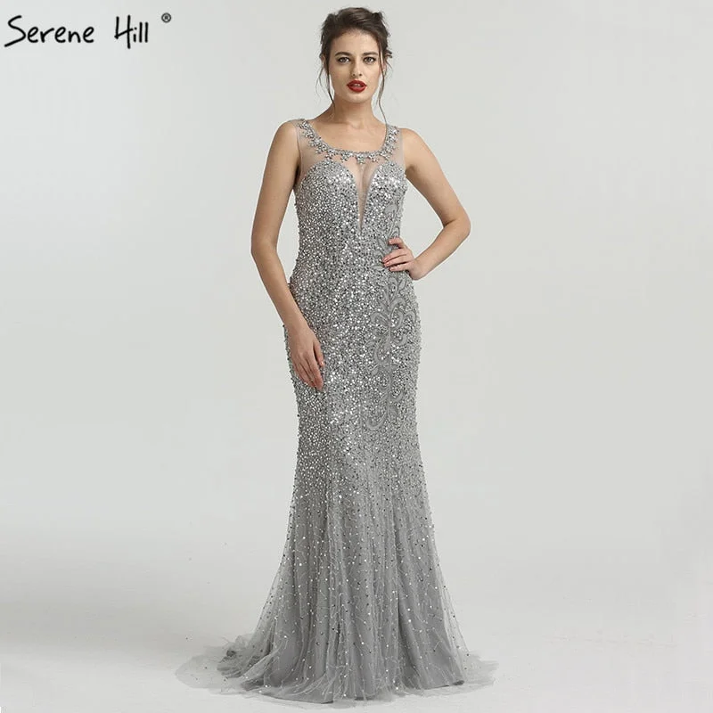 On Sale no return no refundSale Grey Luxury Sleeveless Sexy Evening Dresses Elegant Mermaid Sequined Sparkle LA6580 Sleek Sequin Dress