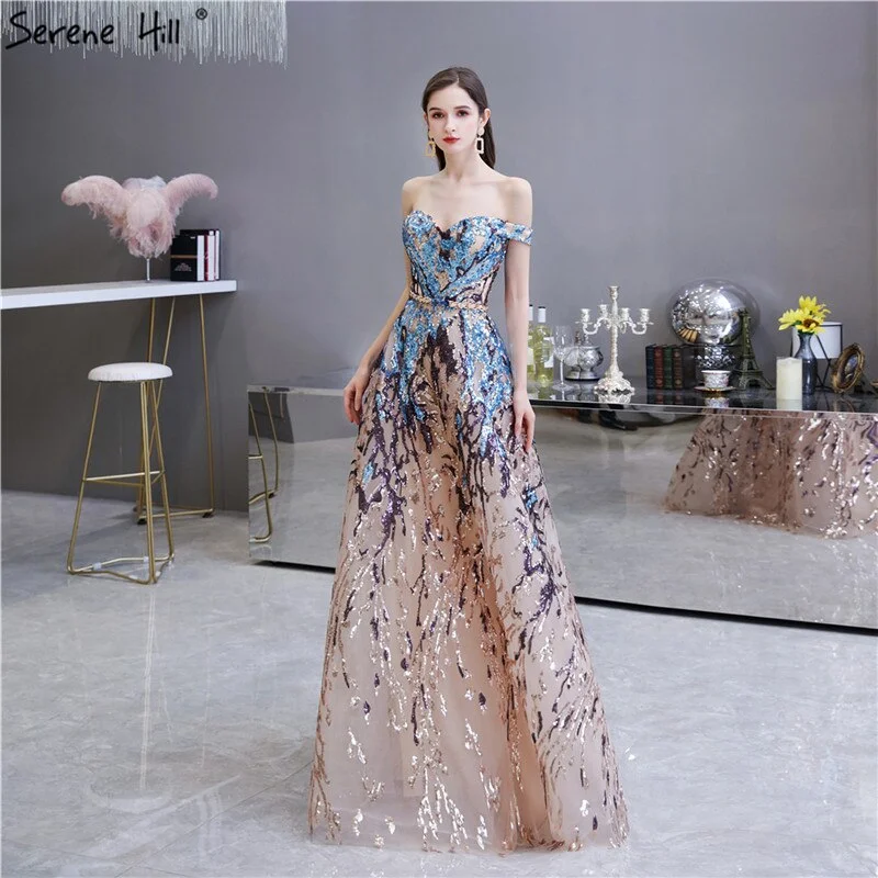 Gold Blue Sequins Sleeveless Sexy Evening Dresses 2024 Off Shoulder Sparkle A-Line Formal Dress Serene Hill LA70373 Bodycon Sequin Dress