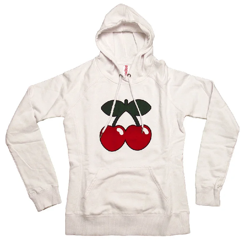 Pacha Cherry Logo Women's White Hoodie Relaxed Hoodie Sweatshirt Fit