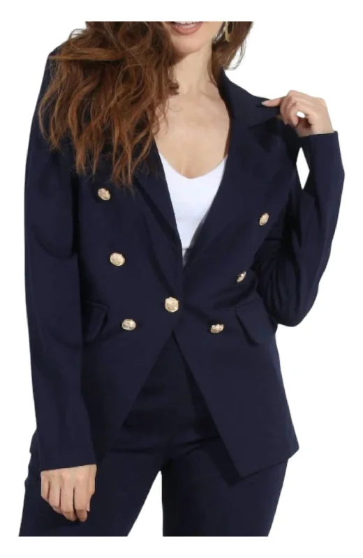 Button Ponti Blazer In Navy Ponti Elegant Tweed Blazer