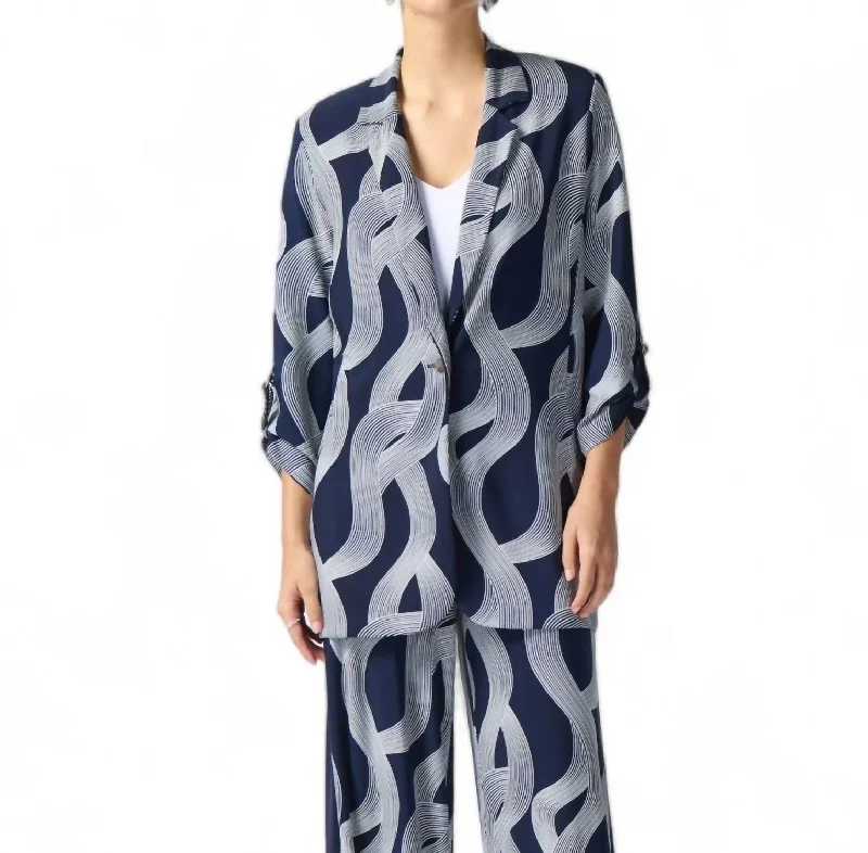 Abstract Print Longline Blazer In Midnight Blue/vanilla Fashionable Women’s Blazer