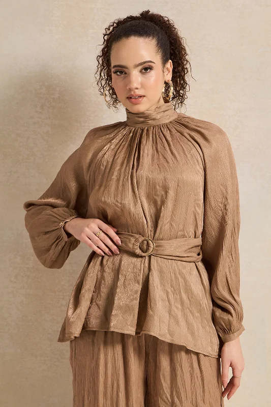 Women Bronze Shimmer Crinkle Belted Blouse