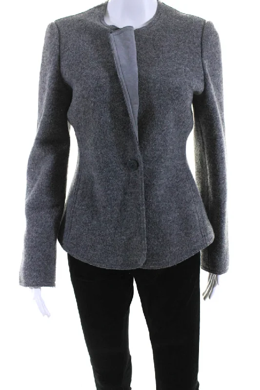 Armani Collezioni Womens Wool Round Neck Button Up Blazer Jacket Gray Long Sleeve Blazer