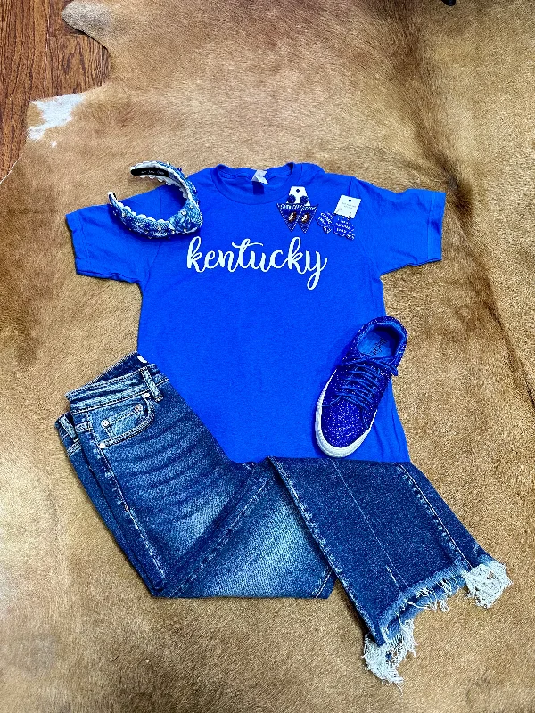 White KY Script on Royal Blue Tee Relaxed Fit Sweatshirts