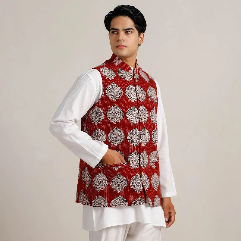 Red - Maroon Bagh Print Nehru Jacket for Men 06 Women's all-season jackets