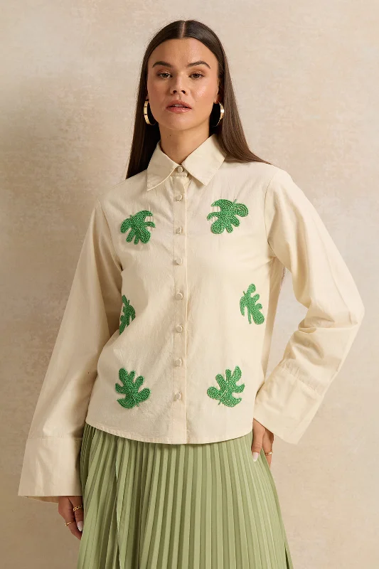 Women Beige Palm Leaf Beaded Shirt