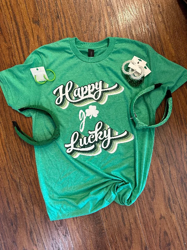 "Happy Go Lucky" Tee on Heather Kelly Relaxed Fit Hoodie