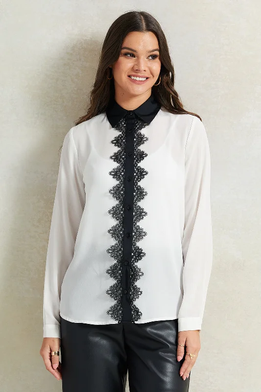 Women White Embellished Collared Blouse