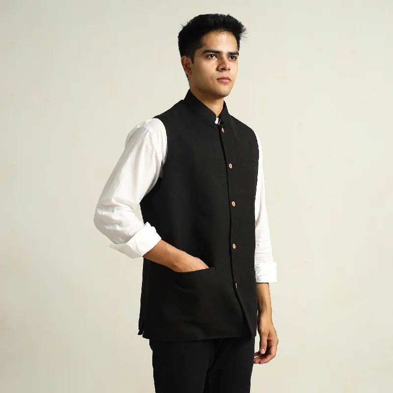 Black - Pure Cotton Handloom Men Nehru Jacket 07 Women's North Face jackets