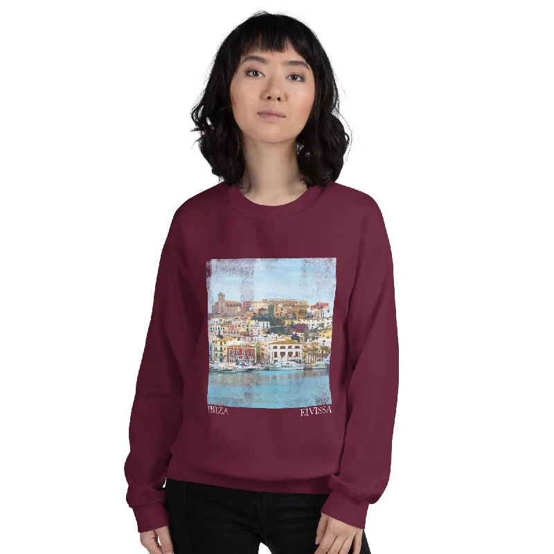 Ibiza Town Photo Print Women's Sweatshirt Burgundy Zip-up Sweatshirt Look