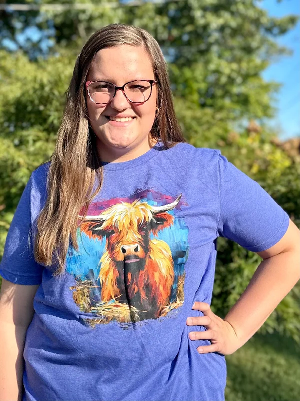 "Brushed Highland Cow" Tee on Heather Lapis Modern Hoodie Sweatshirt