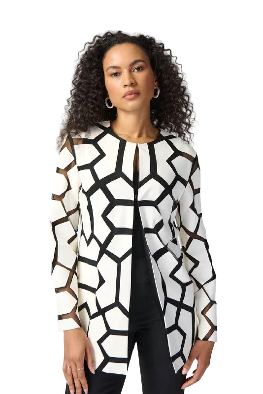 Laser Cut Leatherette On Mesh Jacket In Black,white Tweed Blazer Jacket