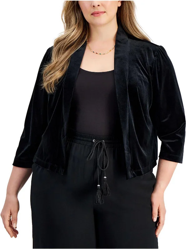 Plus Womens Velvet Dressy Open-Front Blazer Blazer with Shoulder Pads