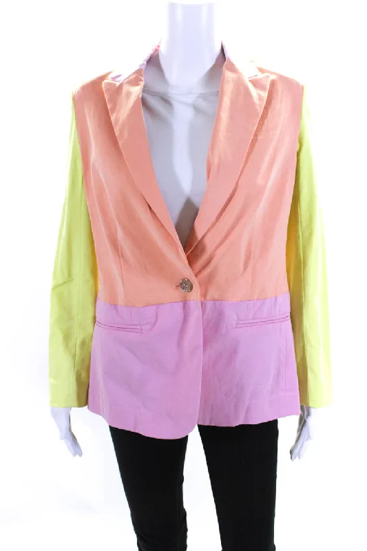 Tanya Taylor Womens Darwin Pastel Color Block Peak Lapel Blazer Pink Orange Sz 2 Faux Leather Blazer