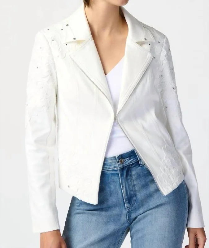 Studded Suede Floral Applique Jacket In White Classic Blazer Jacket