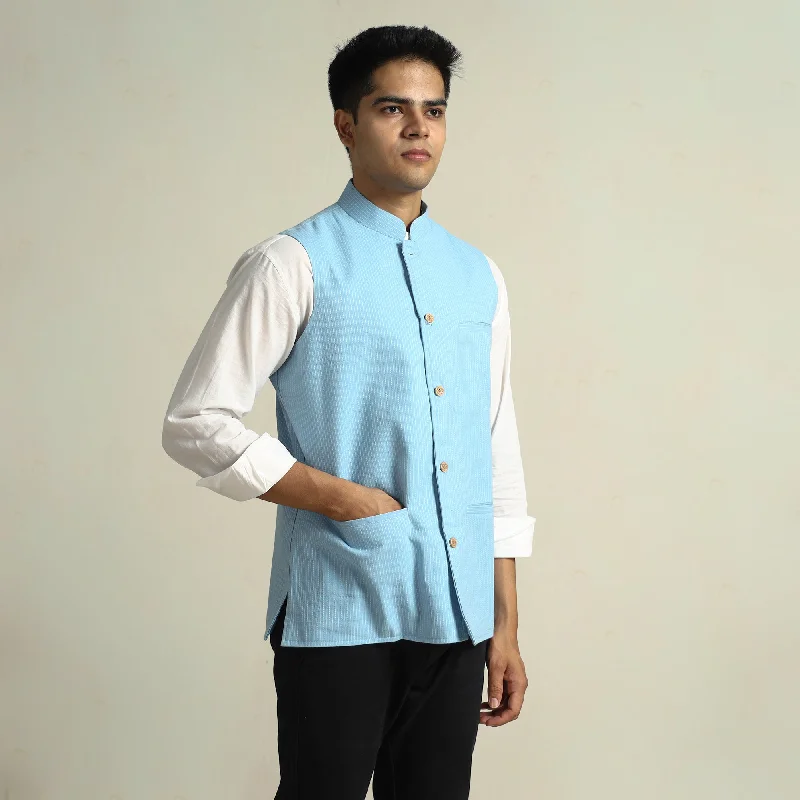 Sky Blue - Running Stitch Pure Cotton Men Nehru Jacket 17 Women's high-end jackets