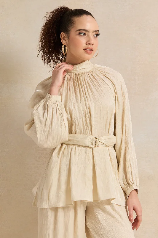 Women Cream Shimmer Crinkle Belted Top