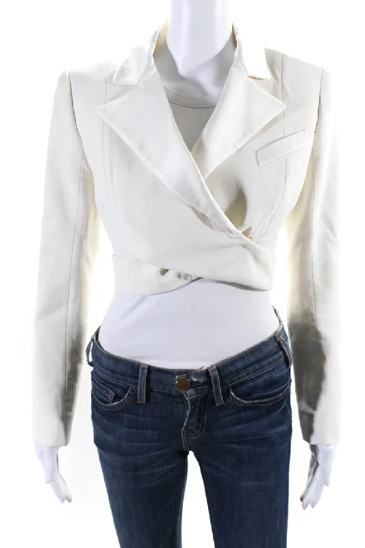 Balmain Womens Wide Lapel Button Closure Cropped Wrap Blazer White Checked Blazer for Women