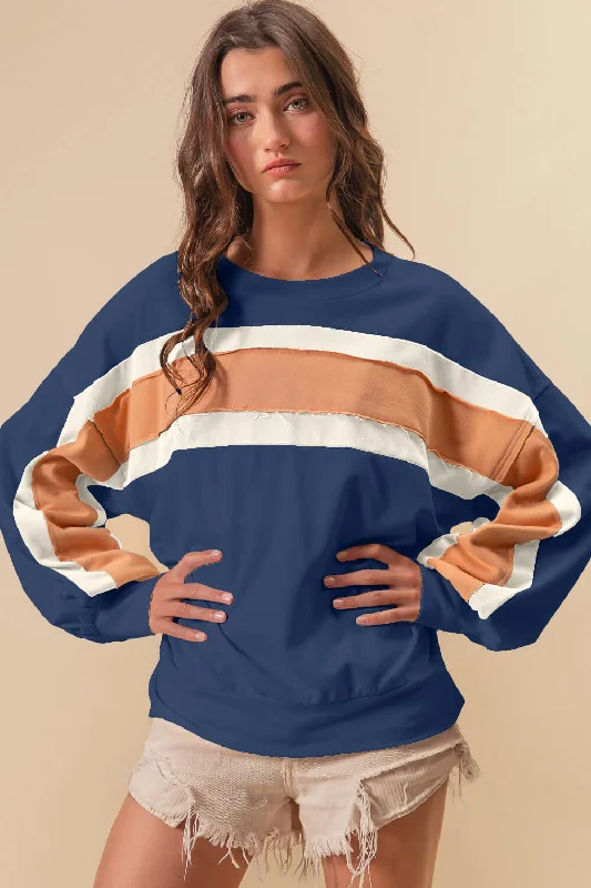 Blue French Terry Color Block Cut Edge Detail Sweatshirt Sporty Sweatshirts for Women