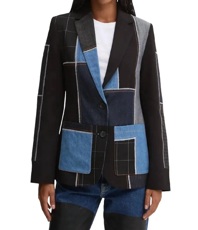 Color Block Suit Jacket In Black/denim Buttoned Blazer for Women