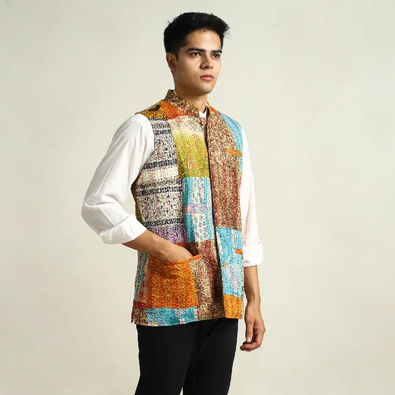 Multicolor - Kantha Embroidery Silk Patchwork Nehru Jacket 11 Women's designer jackets