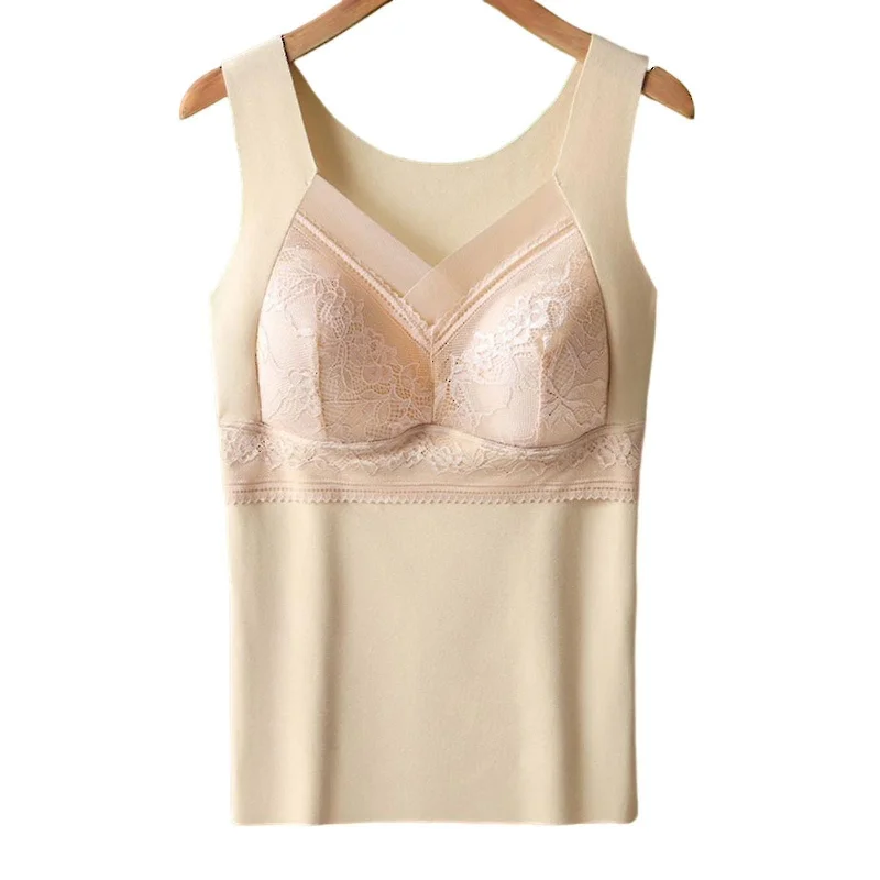 Thermal Underwear with Built in Bra Women Sleeveless Undershirt Cold Weather Thermal Tank Top Warm Lace Base Layer   B184883